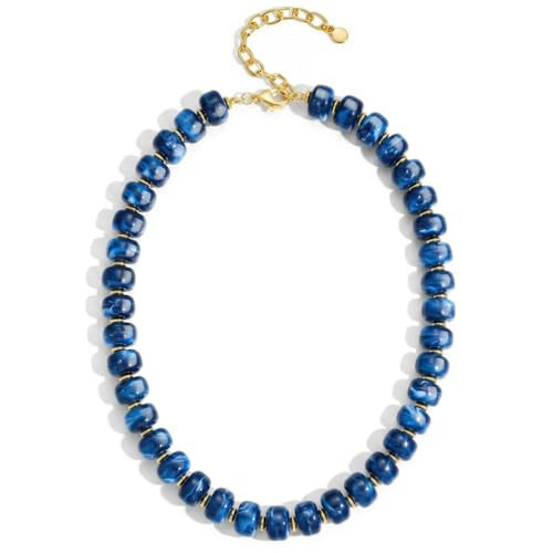 FAUTHENTICUTE Blue Beaded Chunky Statement Necklace for Women Adjustable Gold Tone Choker Boho Navy Blue Bead Collar Necklace Trendy Summer Beach Fashion Jewelry Gifts | Amazon (US)