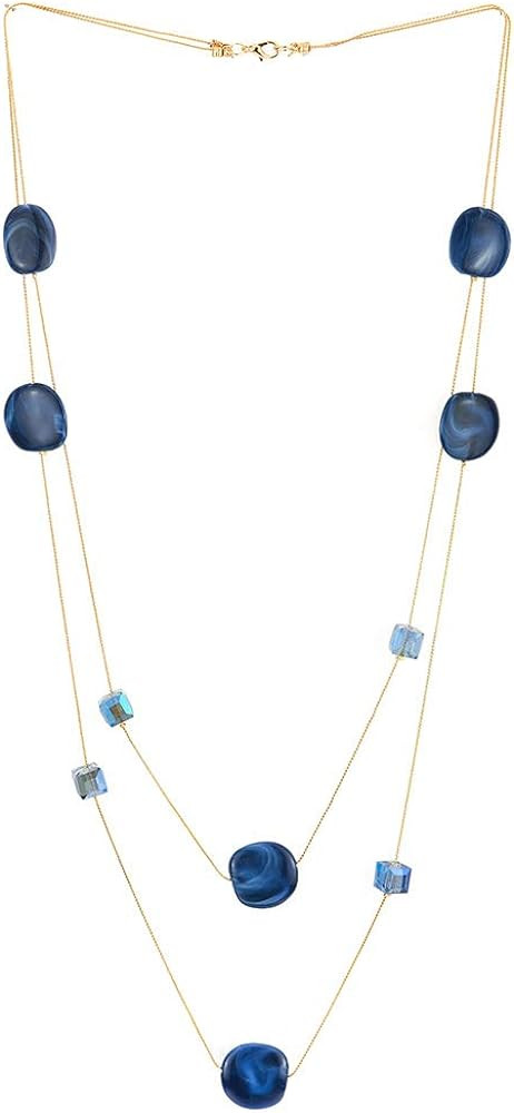 COOLSTEELANDBEYOND Gold Statement Necklace Two-Strand Long Chain with Cube Crystal Beads Circle C... | Amazon (US)