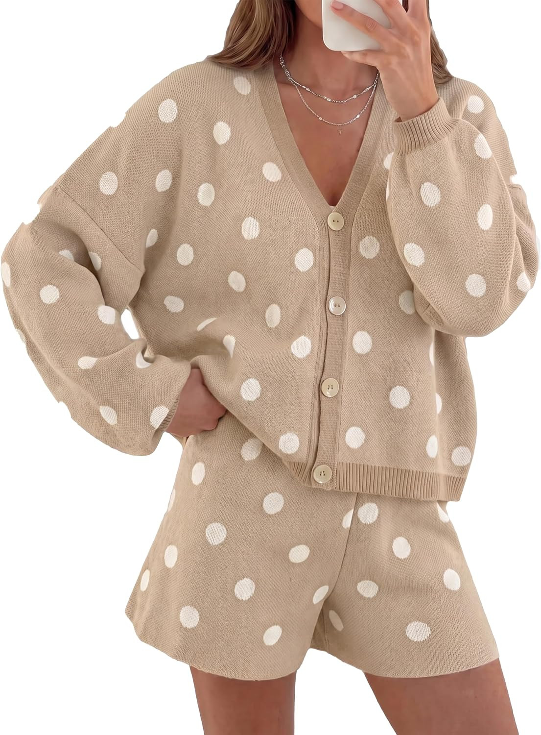 Tankaneo Womens 2 Piece Outfits Polka Dot Shorts Sets Knit Cardigan Sweater | Amazon (US)