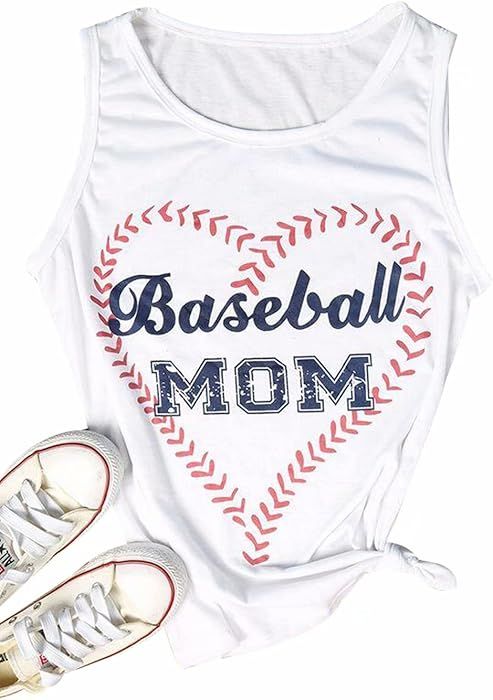 Women's Baseball Mom Heart Graphic Funny Tank Tops Sleeveless Loose Fit Letter Print Shirt Blouse | Amazon (US)