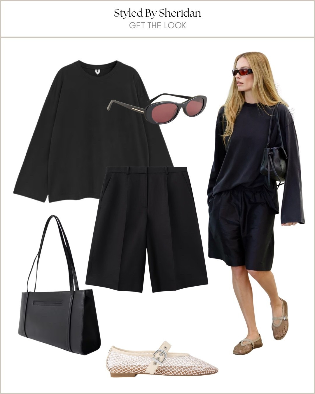 Get The Look 📸 Margot Robbie wears an all black casual look styling Bermuda shorts with a long sleeved oversized tshirt & mesh ballet flats

#LTKspring #LTKsummer #LTKstyletip