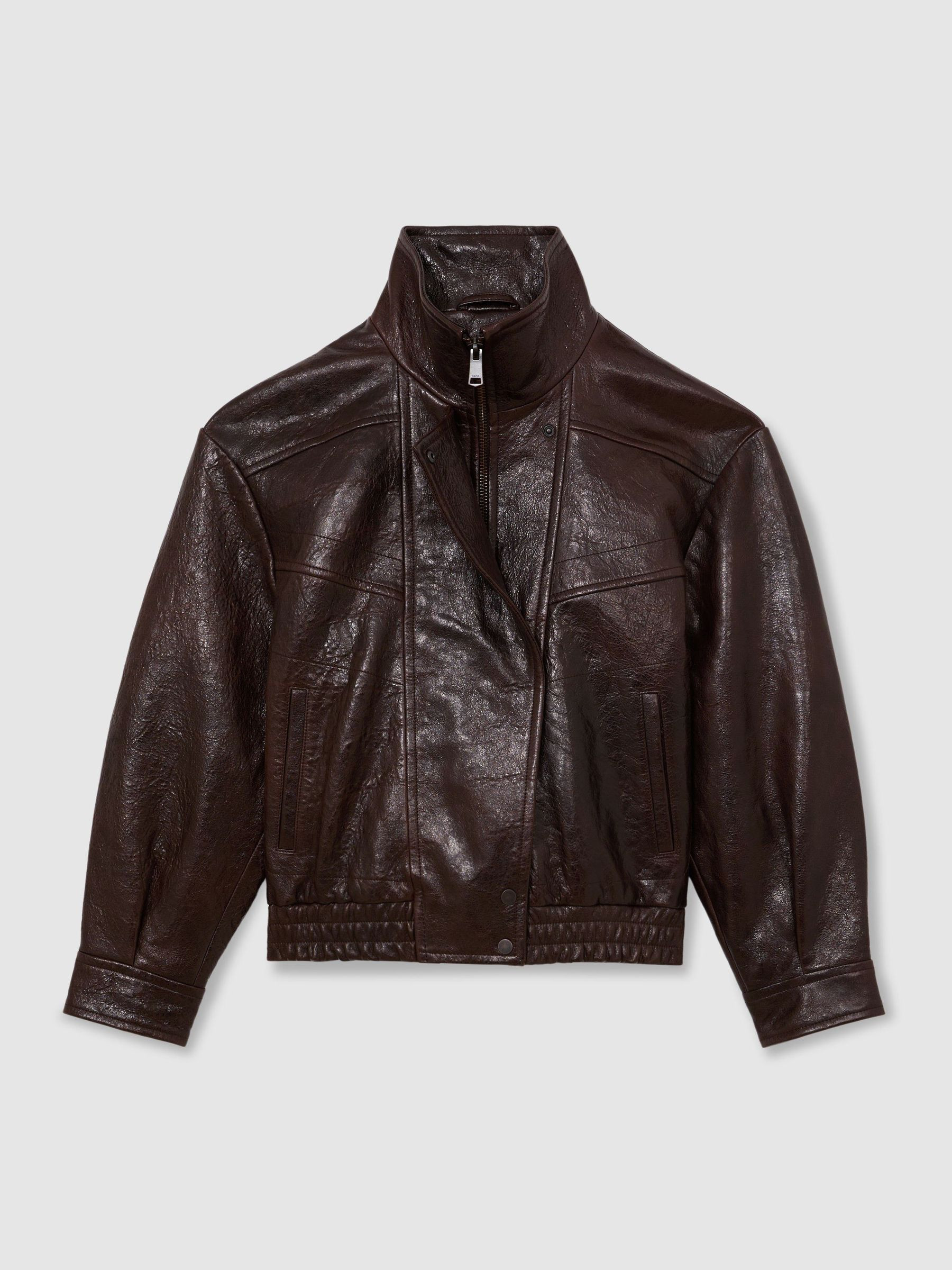 Reiss Petite Textured Leather Oversized Jacket in Aubergine - REISS | Reiss UK
