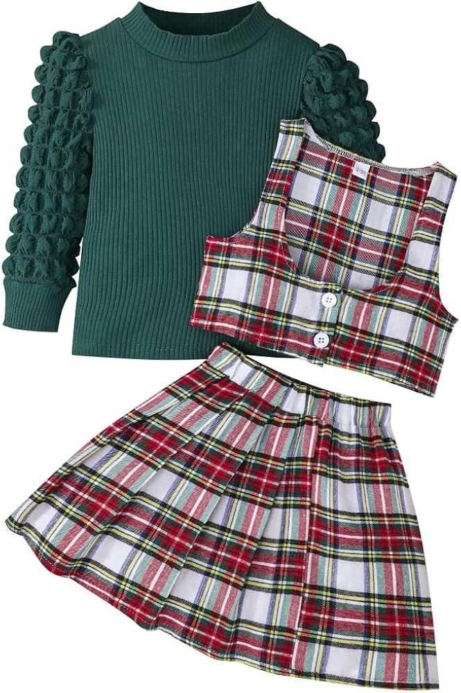 Toddler Girls Christmas Outfits Girls Puff Sleeve Knit Ribbed Tops Button Down Vest Plaid Skirt S... | Amazon (US)