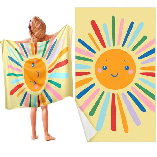 HunnmingRe Kids Beach Towels Girls Boys Cute Beach Towel 50 x 30 Inch Microfiber Absorbent Dry Pool Bath Supplies for Party Gifts Swimming Camping Decoration(Colorful, Cute Sun) | Amazon (US)