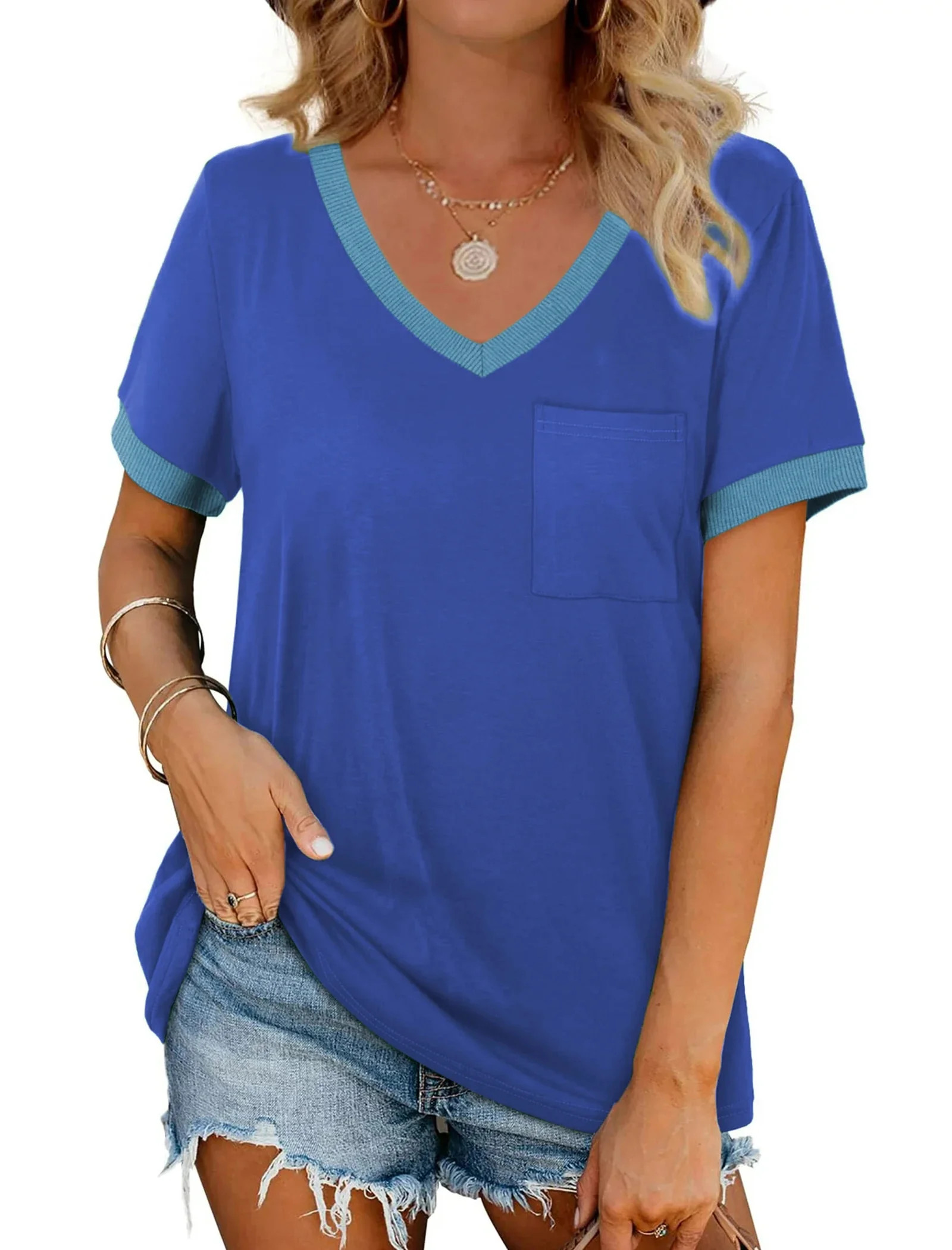 MOSHU V-Neck Women T Shirts Short Sleeve Loose Summer Tops for Women with Pocket | Walmart (US)
