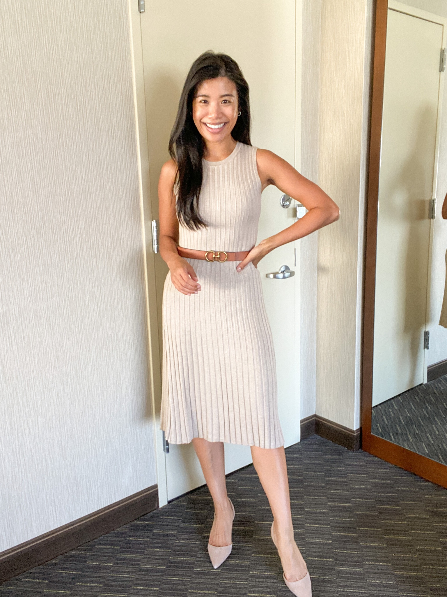 Neutral sweater dress reversible belt sling back heels workwear work outfit 

#LTKSeasonal #LTKfindsunder100 #LTKworkwear