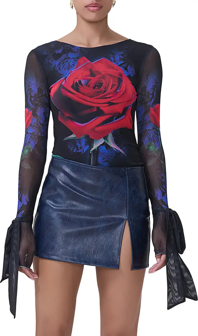 Beyla Mixed Print Tie Cuff Backless Mesh Top | Nordstrom