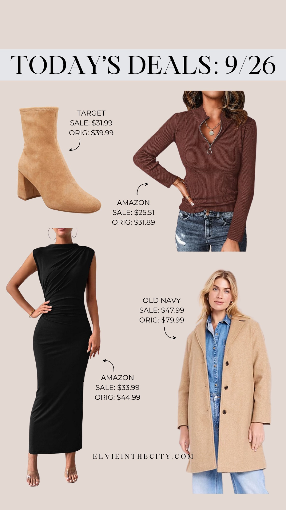 Today’s deals include stretch ankle boots from Target, a quarter zip ribbed sweater from Amazon (be sure to clip the coupon), a ruched fitted maxi dress from Amazon, and a long coat from Old Navy.

Deal of the day, fall coat, winter coat, booties, fall sweater, ootd, wedding guest dress, fashion over 40

#LTKFindsUnder50 #LTKOver40 #LTKSaleAlert