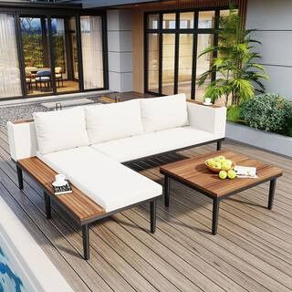 L-Shaped Wood Outdoor Conversation Sectional Sectional Set with Beige Cushions and Coffee Table | The Home Depot
