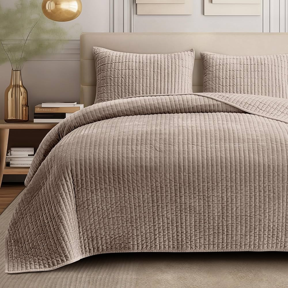 Wonderful Luxury Velvet Quilt - Striped Channel Stitch Apricot Beige Quilt Queen, Soft Velvet Lig... | Amazon (US)