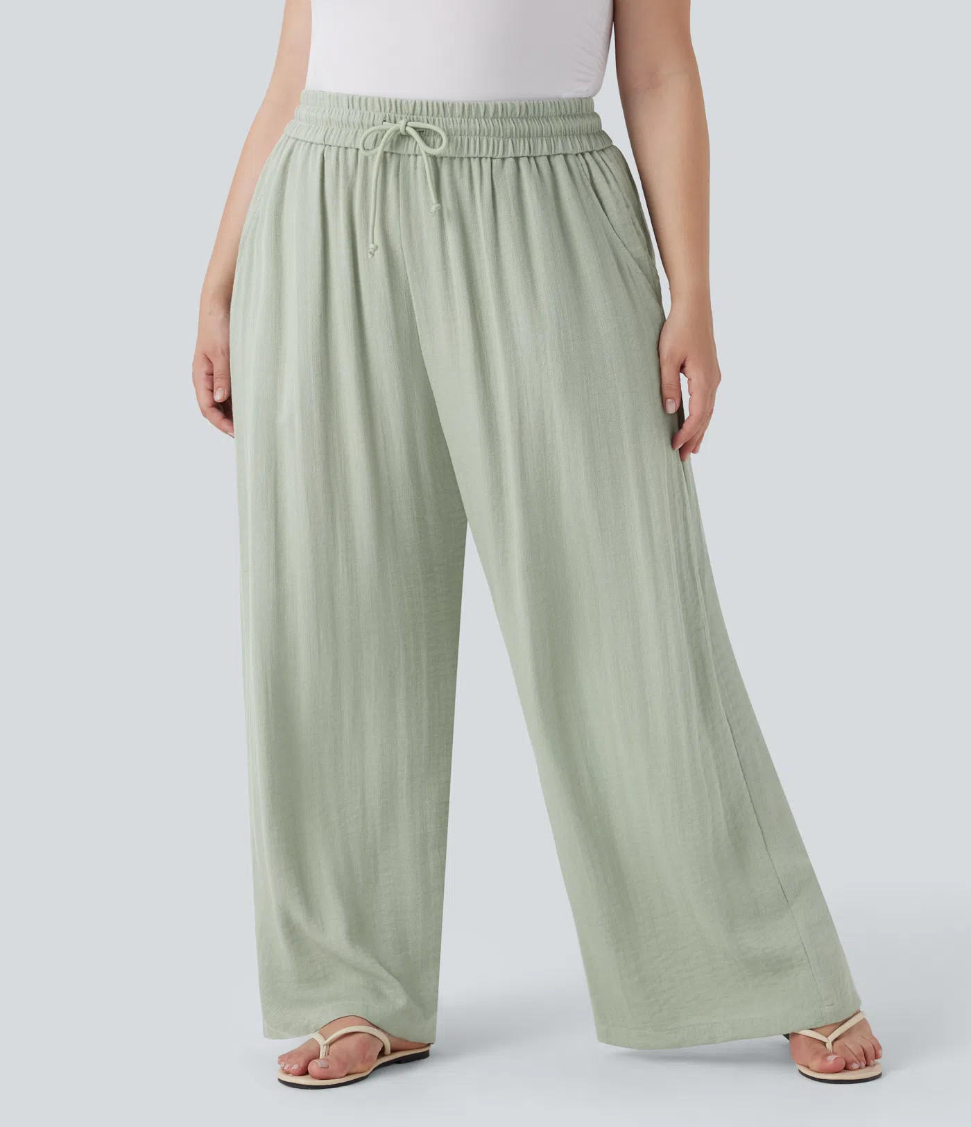 Women’s High Waisted Drawstring Linen-Feel Wide Leg Casual Plus Size Pants with Pockets - Halar... | HALARA