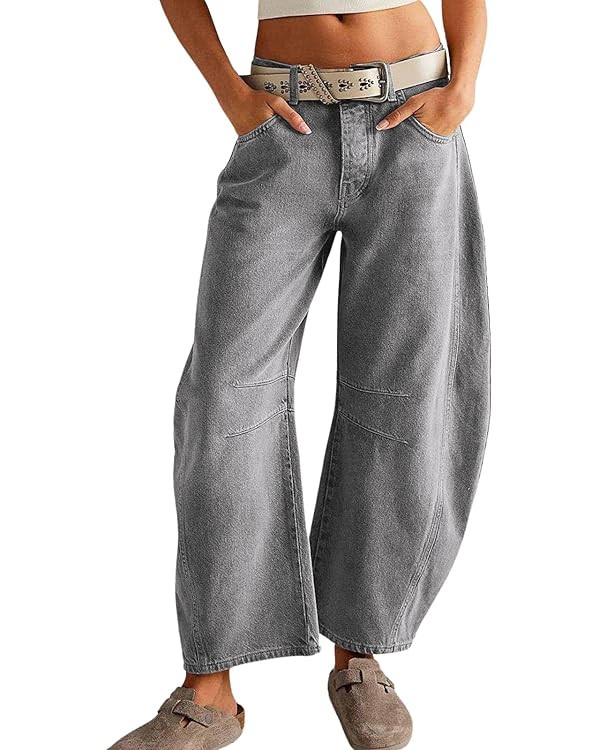 Womens Stretchy Mid Rise Barrel Jeans Vintage Loose Wide Leg Cropped Denim Pants Y2k Baggy Boyfri... | Amazon (US)