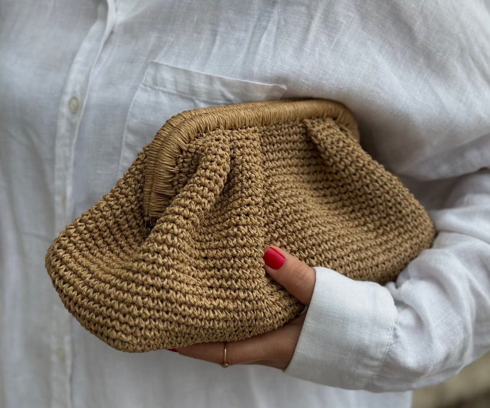 Small Raffia Beige Clutch Bag for Women Straw Knitted Raffia Bag Pouch Clutch Bag With Hidden Met... | Etsy (US)