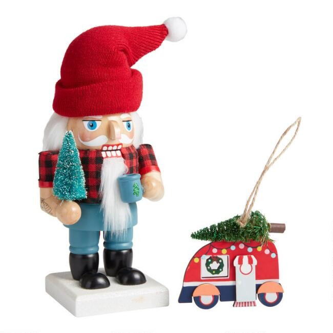 White Lumberjack Nutcracker and Camper Ornament Set | World Market