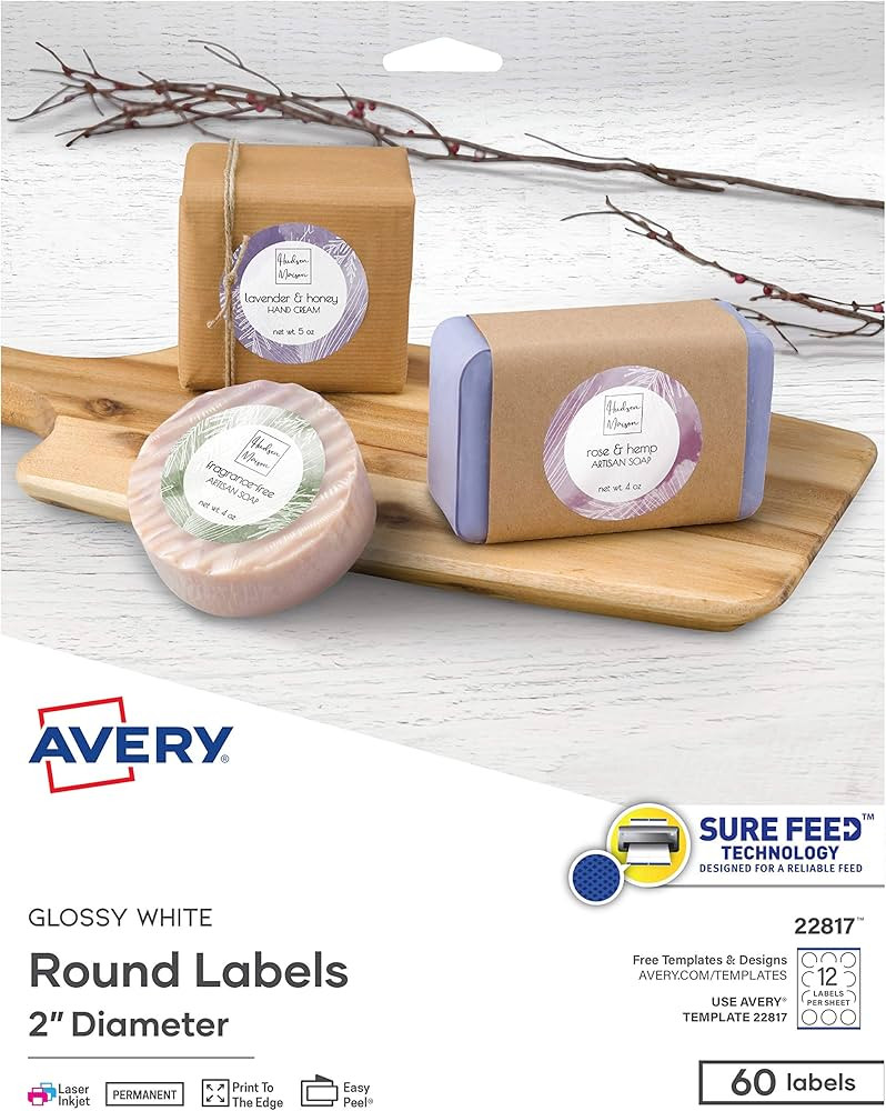 Avery Printable Round Labels with Sure Feed, 2" Diameter, Glossy White, 60 Customizable Labels (2... | Amazon (US)
