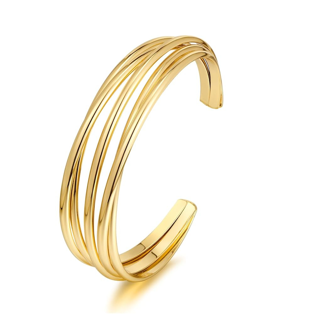 Gold Cuff Bracelet for Women Chunky Multi-layer Cross Wire Open Bracelet Hollow Wide Cuff Bracele... | Amazon (US)
