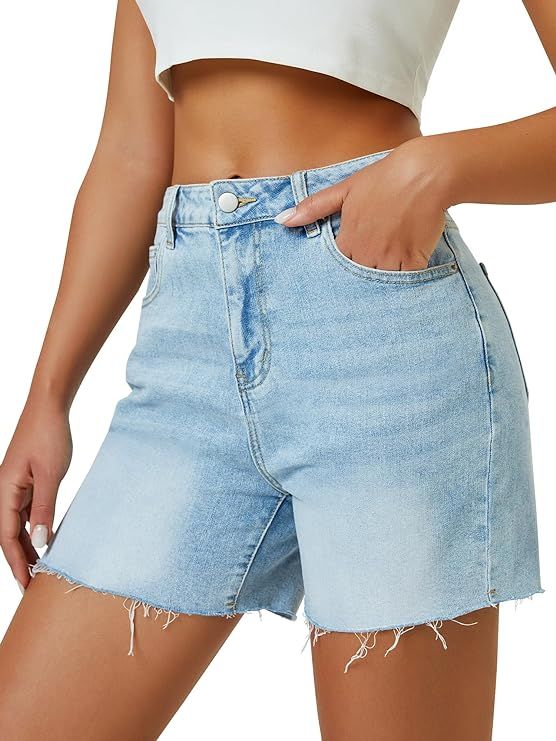 Womens High Waist Jean Shorts Wide Straight Leg Microelastic Long Denim Mom Shorts | Amazon (US)