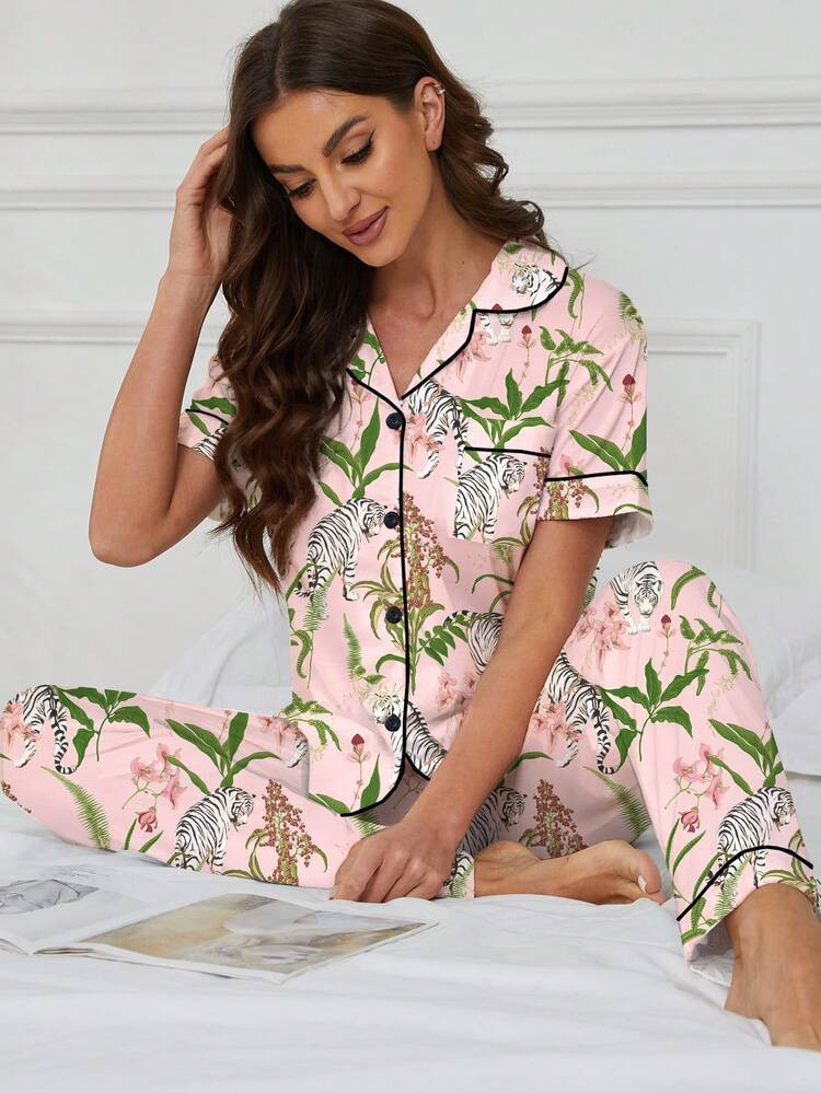 2pcs/Set Floral & Tiger Print Women Loungewear Set, Soft Lapel Short Sleeve Top And Elastic Waist Pants, Casual Outdoor & Homewear,Two Pieces Set | SHEIN