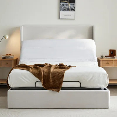 Upholstered Wingback Bed with Adjustable Base Bundle Set, Queen Size / Textured Ivory Canvas Chenille, Head & Foot Incline, Zero Gravity, Massage, App | Wayfair North America