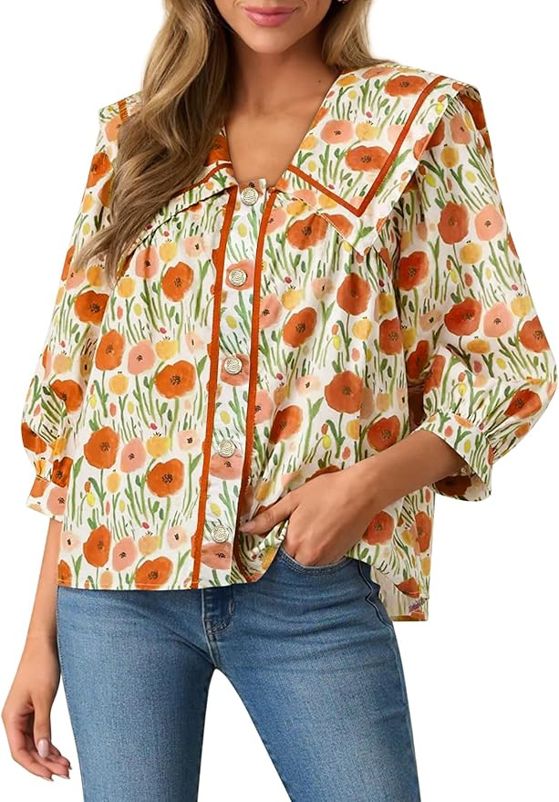 Women's 2025 Fashion Tops 100% Cotton Button Down Shirts V Neck 3/4 Length Sleeve Floral Peter Pa... | Amazon (US)