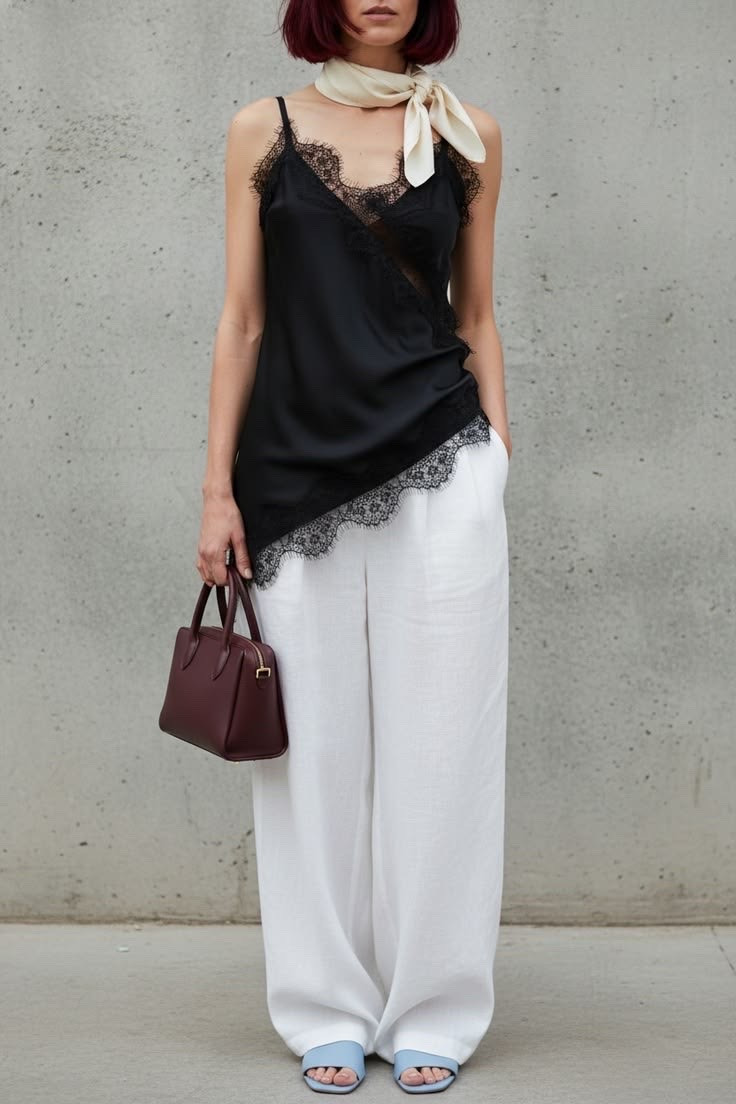 White pants
Black satin
Top

Burgundy shoulder bag

#LTKootd #LTKPetite #LTKBeauty