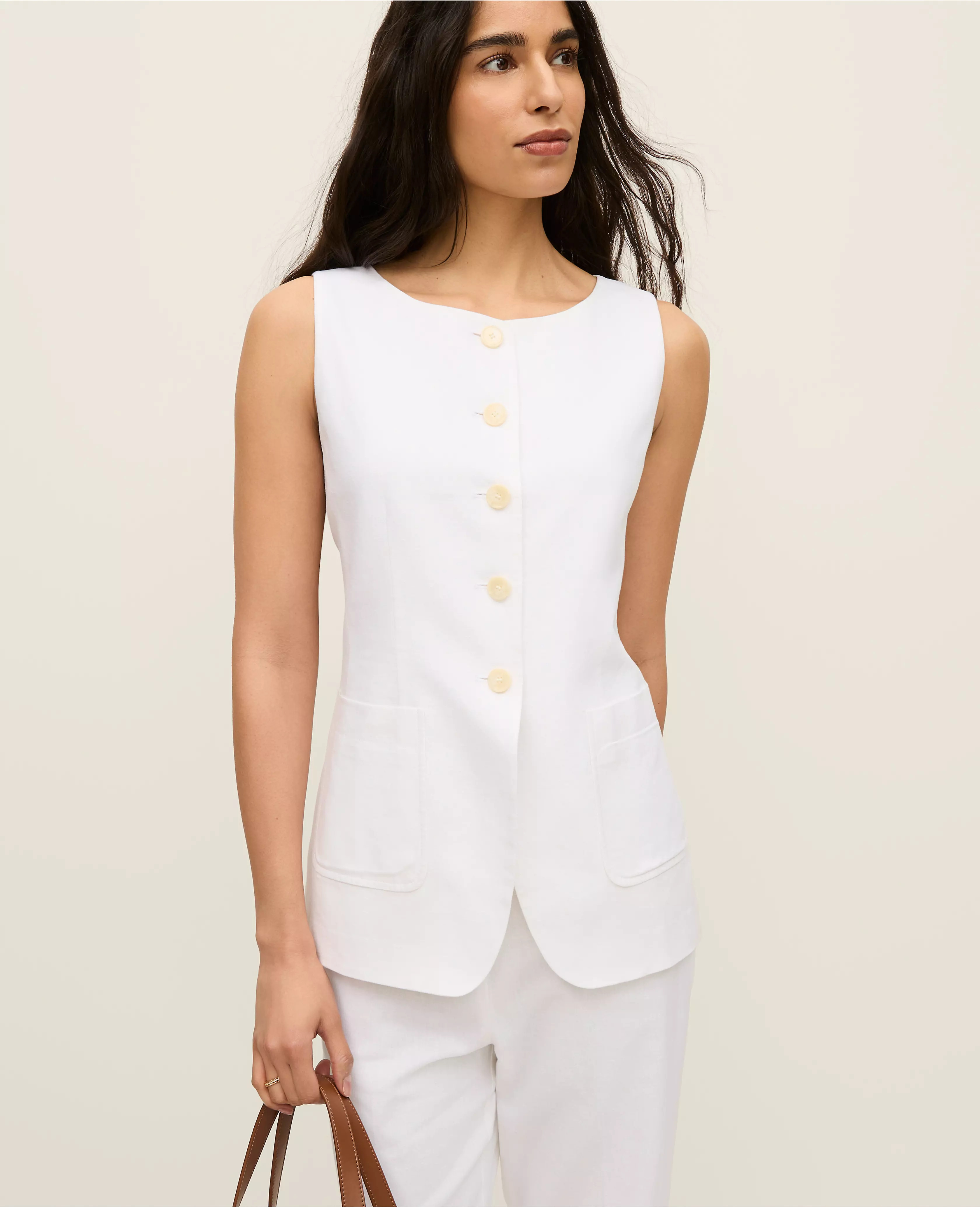 The Long Crew Neck Vest in Linen Blend | Ann Taylor