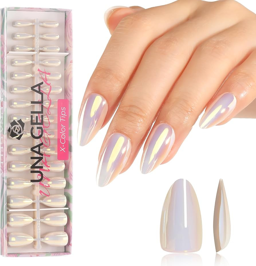 UNA GELLA White Pearl Chrome Powder Almond Gel Nail tips Mirror Effect Fake Press On Nails 150Pcs... | Amazon (US)