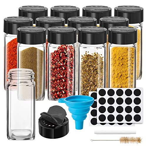 12 Pack Glass Spice Jars with Labels, 4oz Spices Containers Spice Jars with Black Shaker Lids, Empty Containers for Spice, Silicone Funnel and Pen Included | Amazon (US)