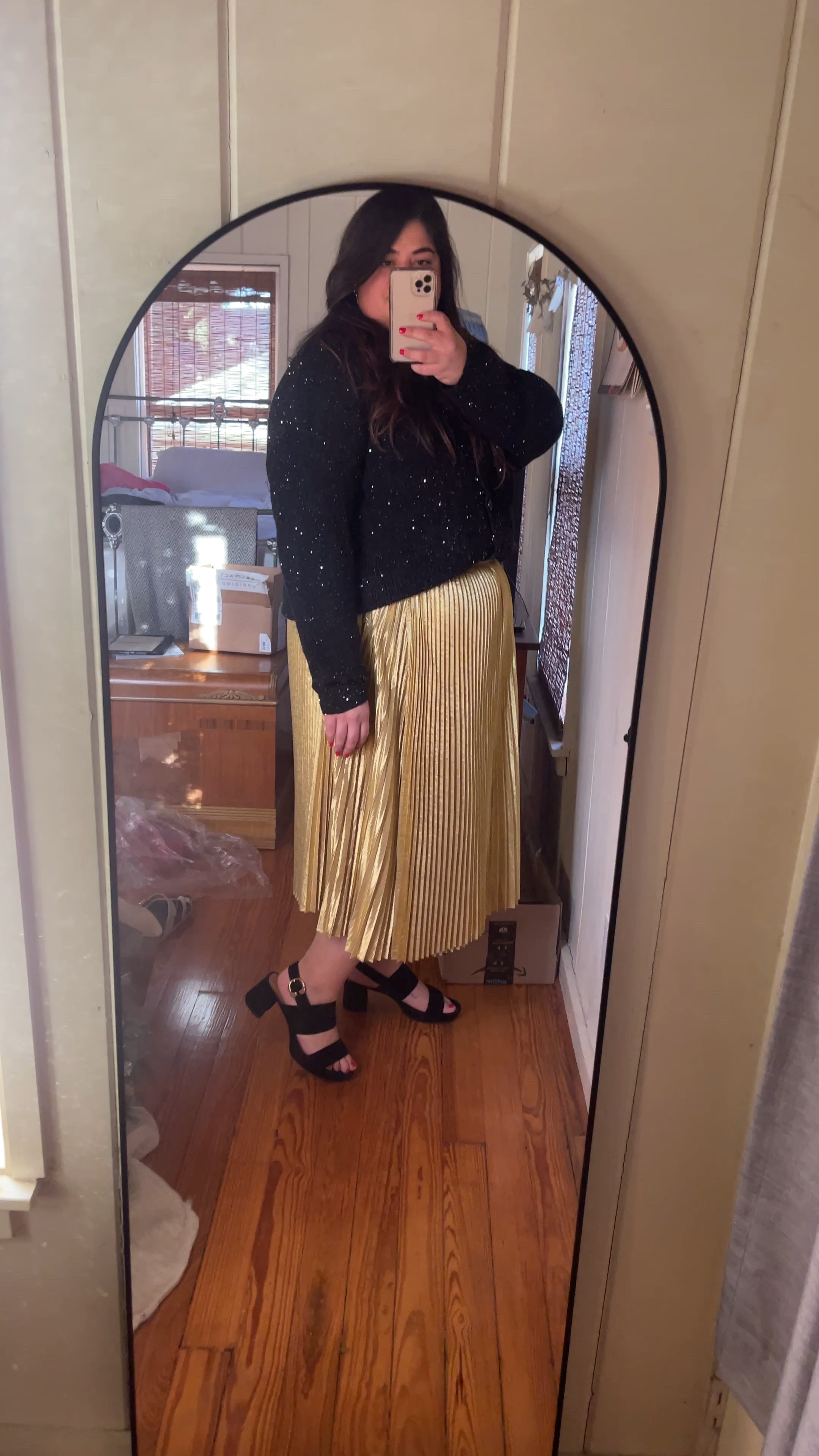 The perfect plus size holiday look! A flattering and forgiving skirt, a great sweater (this one has sequins woven in), the MOST comfortable heels, finished with some fun and festive earrings. 

#LTKplussize #LTKHoliday #LTKparties