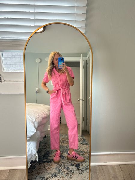 Wearing size XS pink denim jumpsuit 