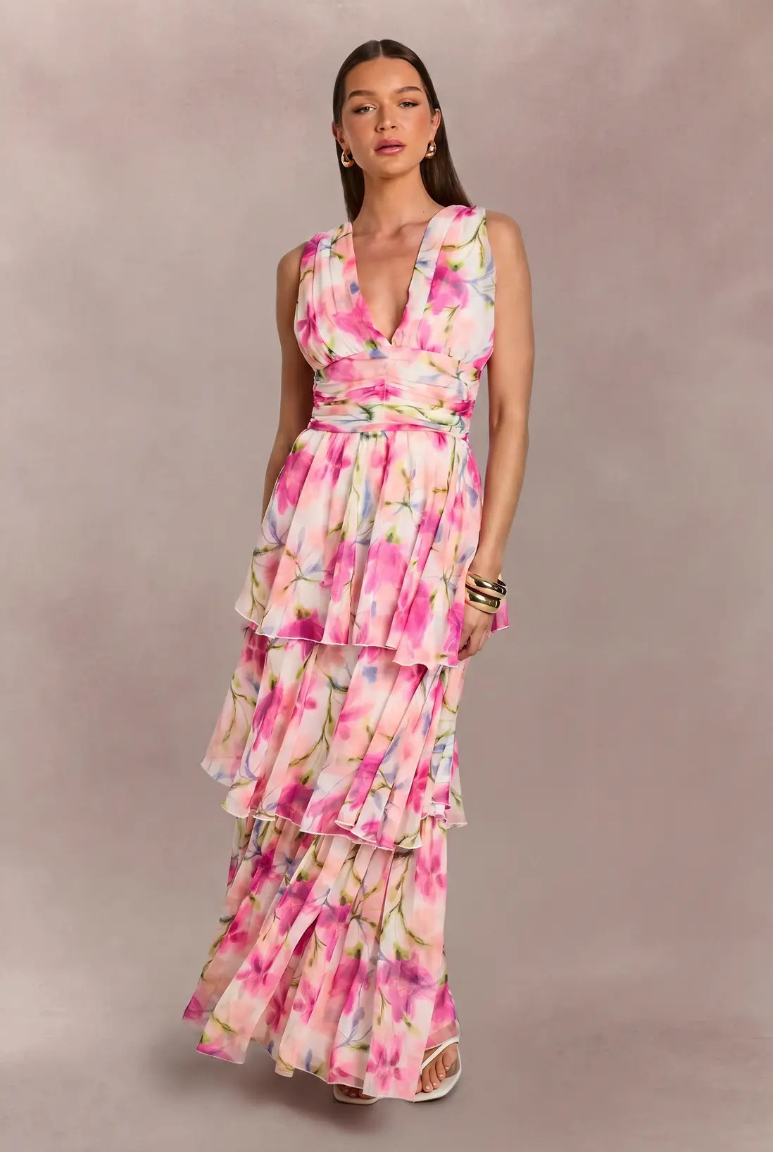 Pink Chiffon Plunge Front Floral Tiered Maxi Dress | Boohoo | Boohoo.com (UK & IE)