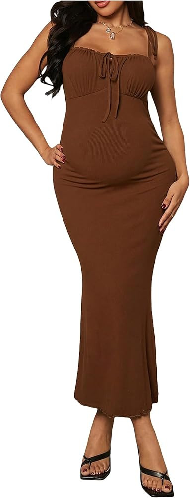 OYOANGLE Women's Maternity Drawstring Front Cami Dress Ribbed Knit Bodycon Midi Dresses | Amazon (US)