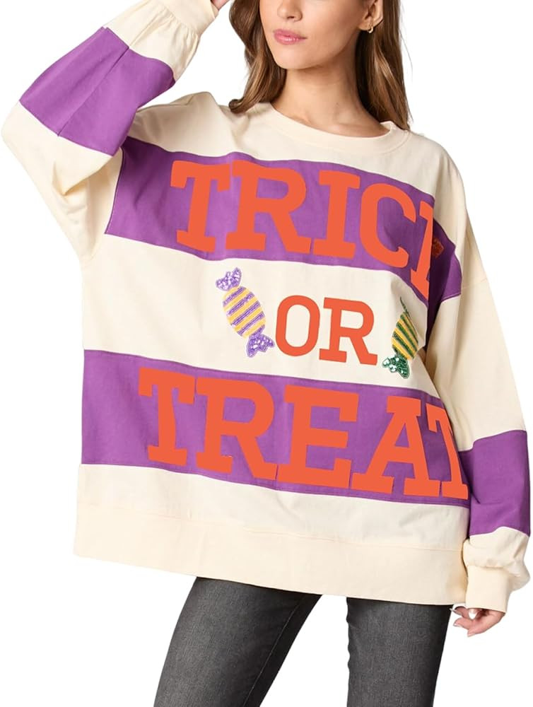 utcoco Oversized Sweatshirt for Women Halloween Letter Print Long Sleeve Shirts Color Block Hoodi... | Amazon (US)