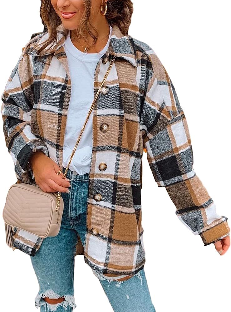 Women's Casual Woolen Long Sleeve Button Down Plaid Shacket Shirt Jacket Tops | Amazon (US)