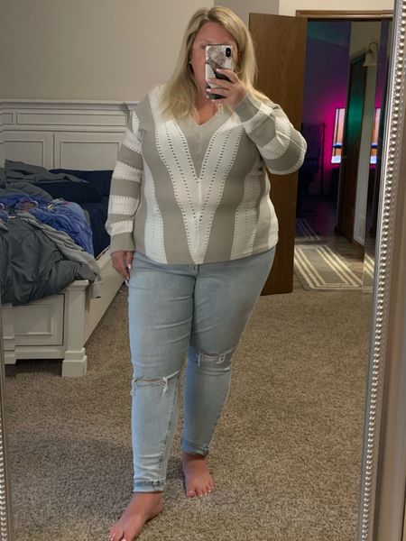  Wearing XXL, V neck casual striped pullover sweater. Fall sweater. Amazon finds. Plus size fashion, plus size amazon. 

#LTKunder50 #LTKcurves
