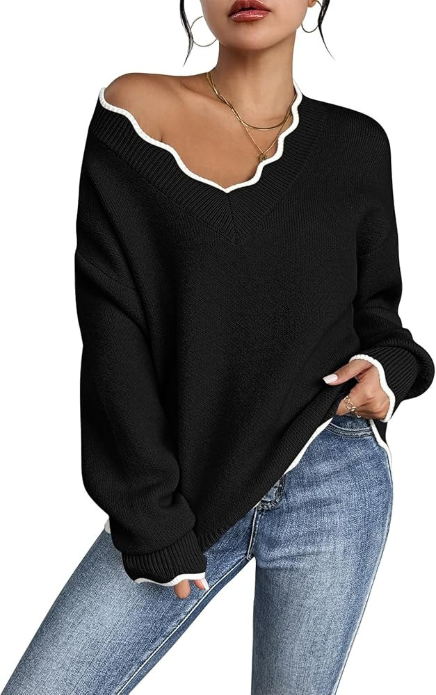 Pink Queen Women's Oversized V Neck Fuzzy Sweaters 2024 Casual Loose Long Sleeve Chunky Knit Pull... | Amazon (US)