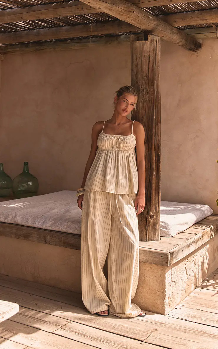 Yellow Pinstripe Cotton Elasticated Trousers | PrettyLittleThing US