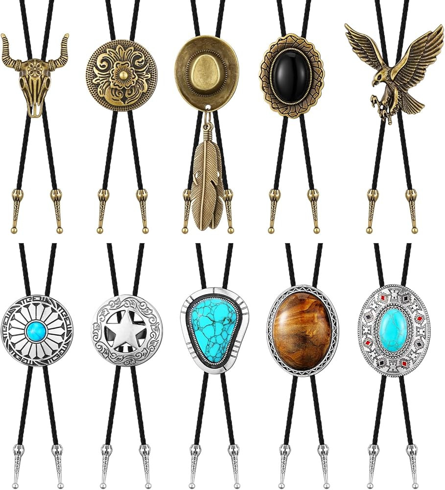 10 Pcs Bolo Tie for Men Western Cowboy Vintage Leather Necktie with Natural Tiger Eye Stone Costu... | Amazon (US)