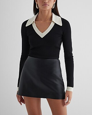 Express Women's Super High Waisted Faux Leather Mini Skort in Black 2 | Express