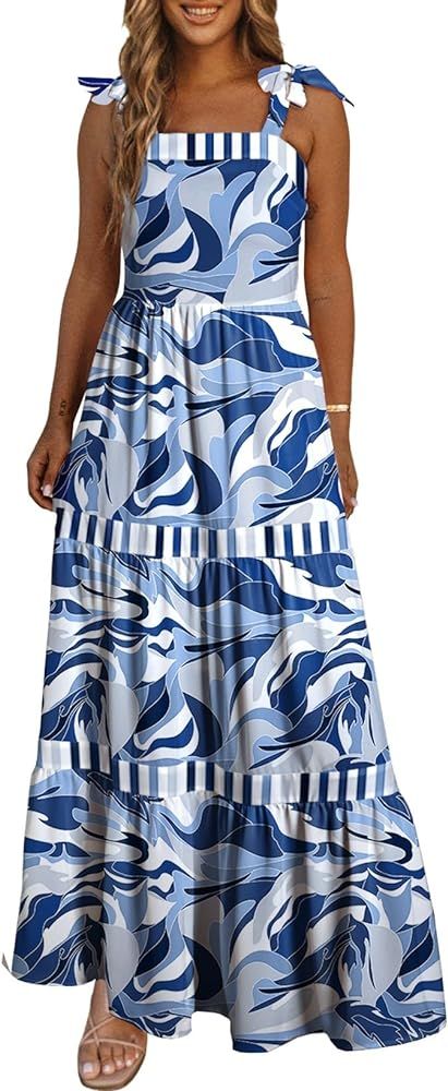 AlvaQ Women's 2024 Summer Sleeveless Floral Print Maxi Dress Strap Square Neck Beach Sun Dress | Amazon (US)