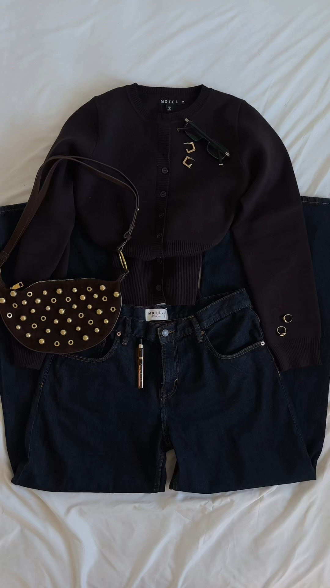 Neutral it girl, chic casual work appropriate outfit. Browns. Gold accents, gold jewelry, low rise baggy, dark denim. Top and jeans from @motelrocks, bag and accessories from @shein & fragrance from @ysl 

#LTKdayinmylife #LTKTall #LTKootd