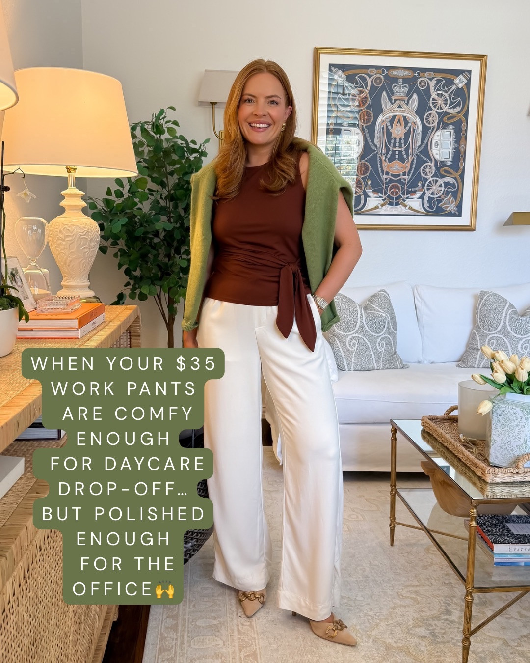 Sizing: Pants - small, top - small

Work pants that are comfy enough for daycare drop-off AND polished enough for the office 🙌 These are only $35 and such a good affordable workwear find! Styled them with fall neutrals for an easy outfit you can recreate all season.
#AffordableWorkwear #WorkPants #FallWorkwear #BusinessCasual

#LTKWorkwear