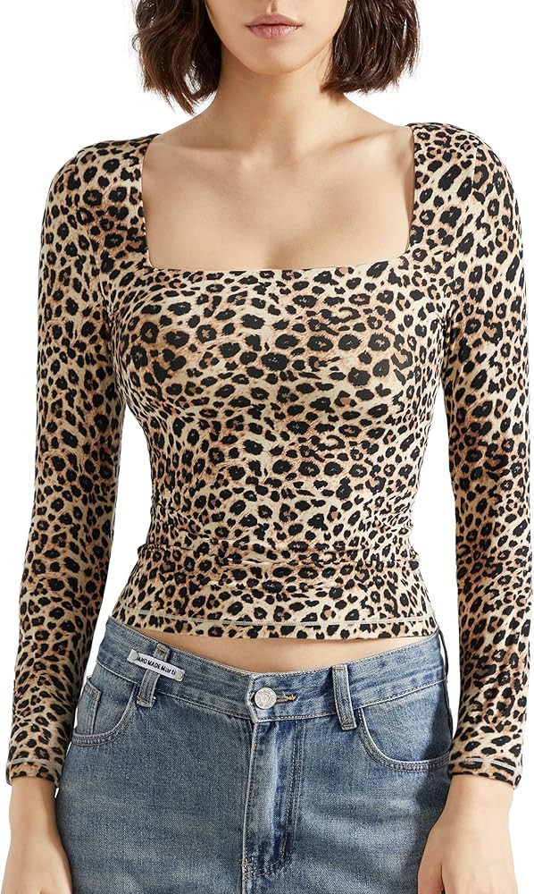 SUUKSESS Women Square Neck Long Sleeve Tops Double Lined Going Out T Shirts | Amazon (US)