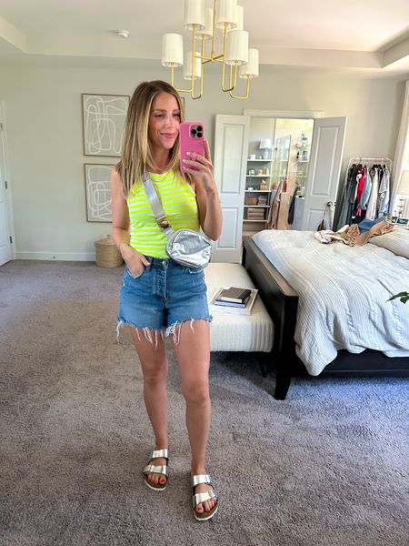 Neon + metallic makes for a fun summer outfit! Bag is old from Anthropologie. Everything else is linked! Wearing a small in the tank and my true size in the shorts 