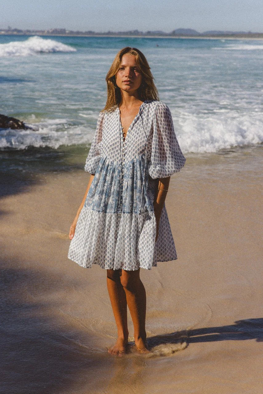 Nora Mini Dress ~ Aquamarine | Artisan Hand Crafted Block Print Dress | Daughters of India