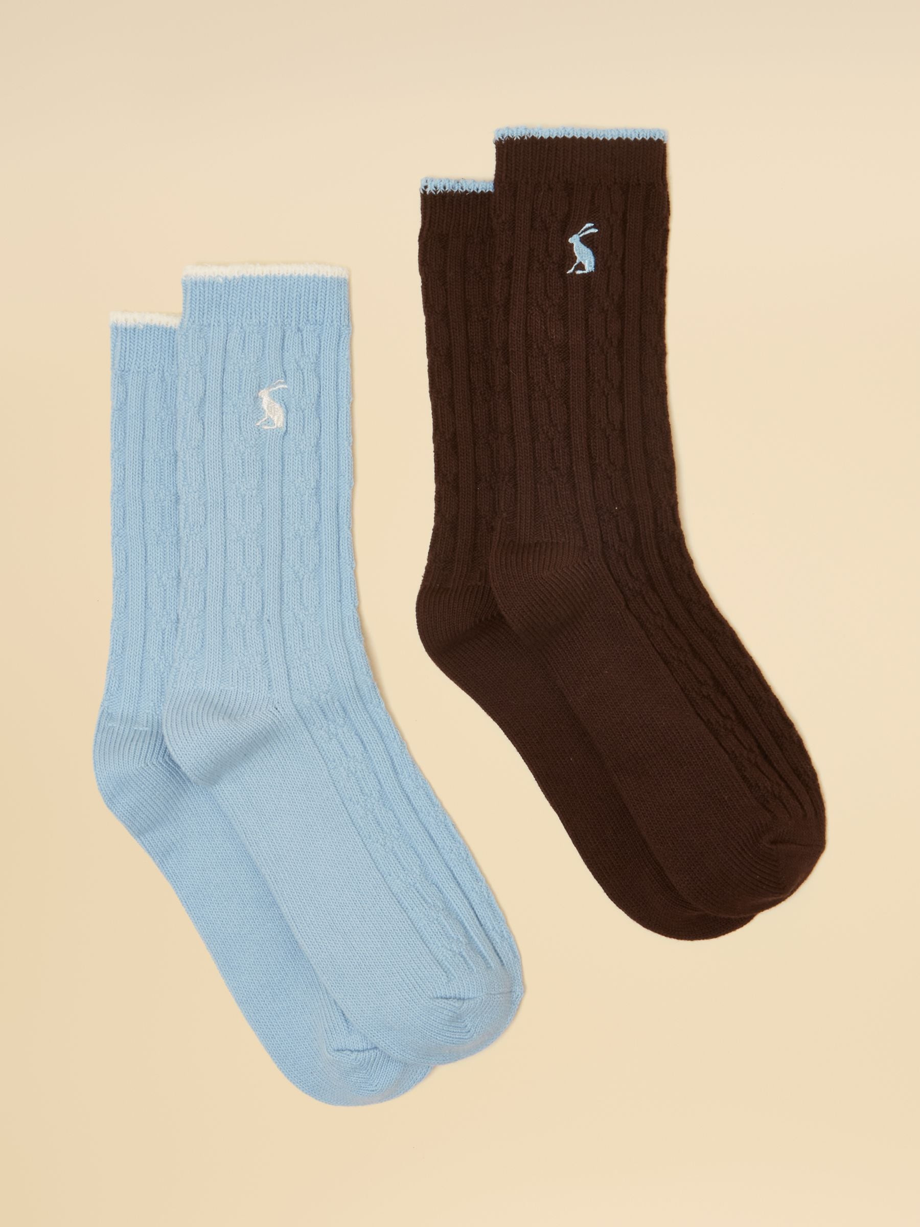 Joules Women's Cable Knit Chocolate & Blue Socks 2 Pack (size 4 - 8) | Joules