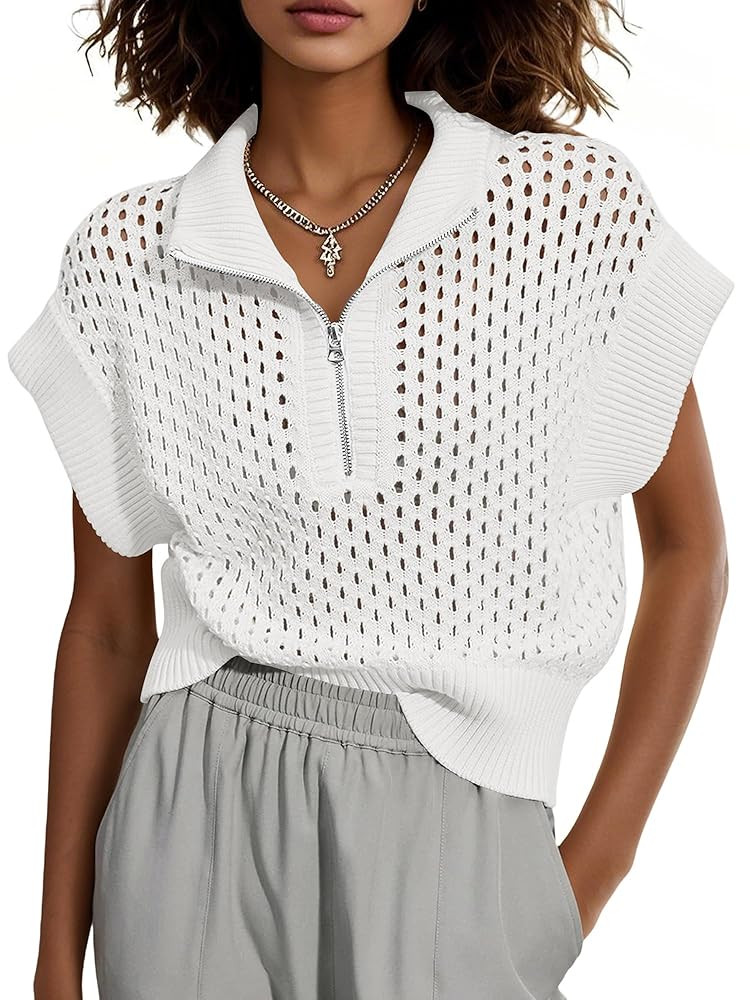Womens Hollow Out Sweater Vest Summer Casual Quarter Zip Cap Sleeve Crochet Knit Tops | Amazon (US)