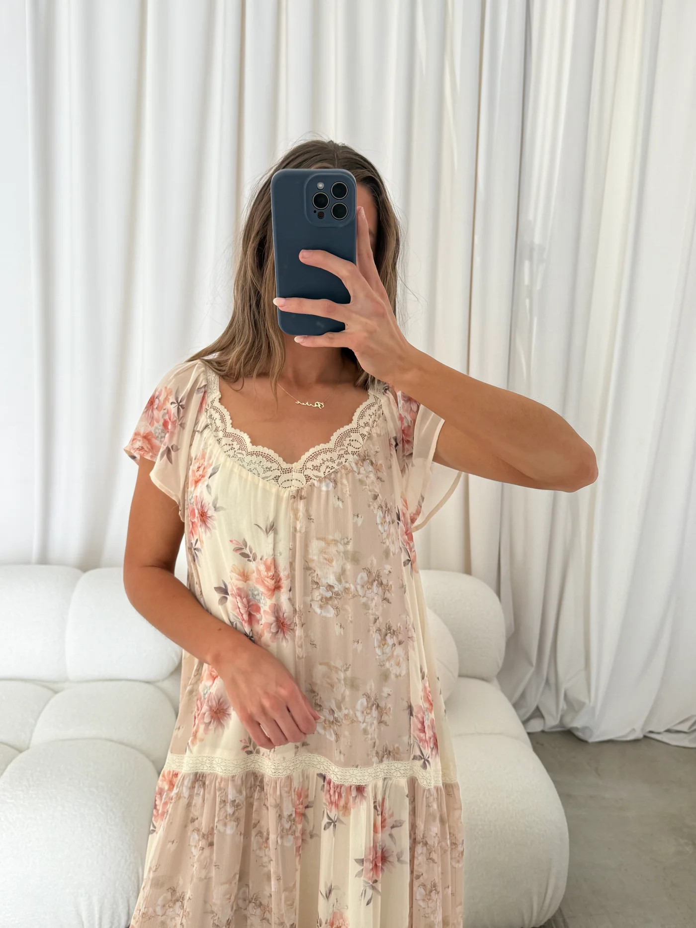 Isabella Floral Lace Trim Maxi Dress in Beige Multi - Bump Friendly | Worth Collective