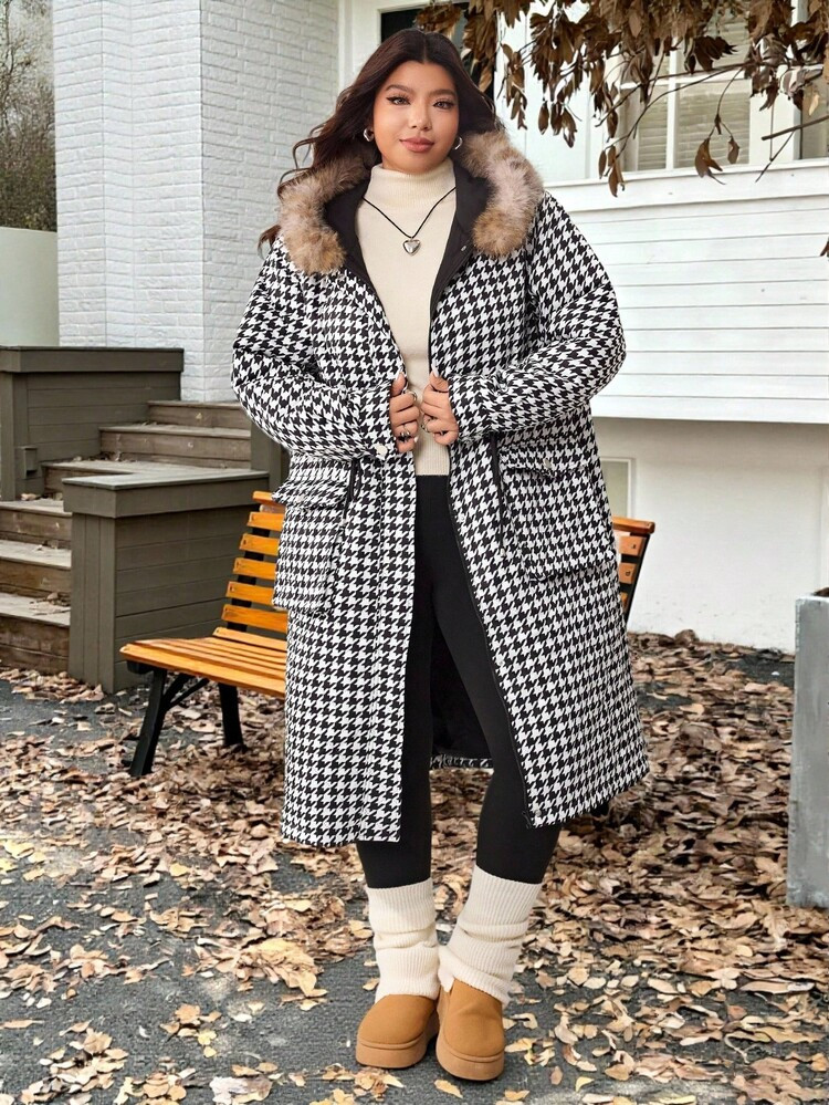SHEIN EZwear Plus Size Women Fashionable Houndstooth Hooded Thick Jacket, Winter | SHEIN