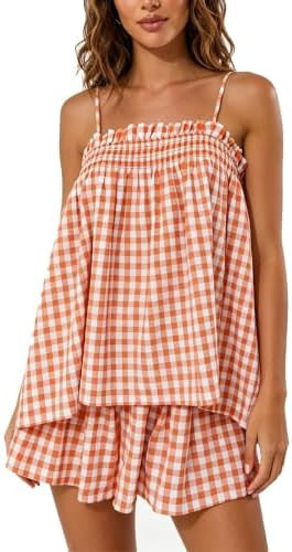 Women Gingham Two Piece Set Sleeveless Babydoll Tank Top and Plaid Shorts Pajama Set Sleepwear Y2... | Amazon (US)